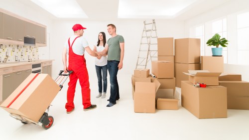 Moving day preparation with packed boxes and furniture